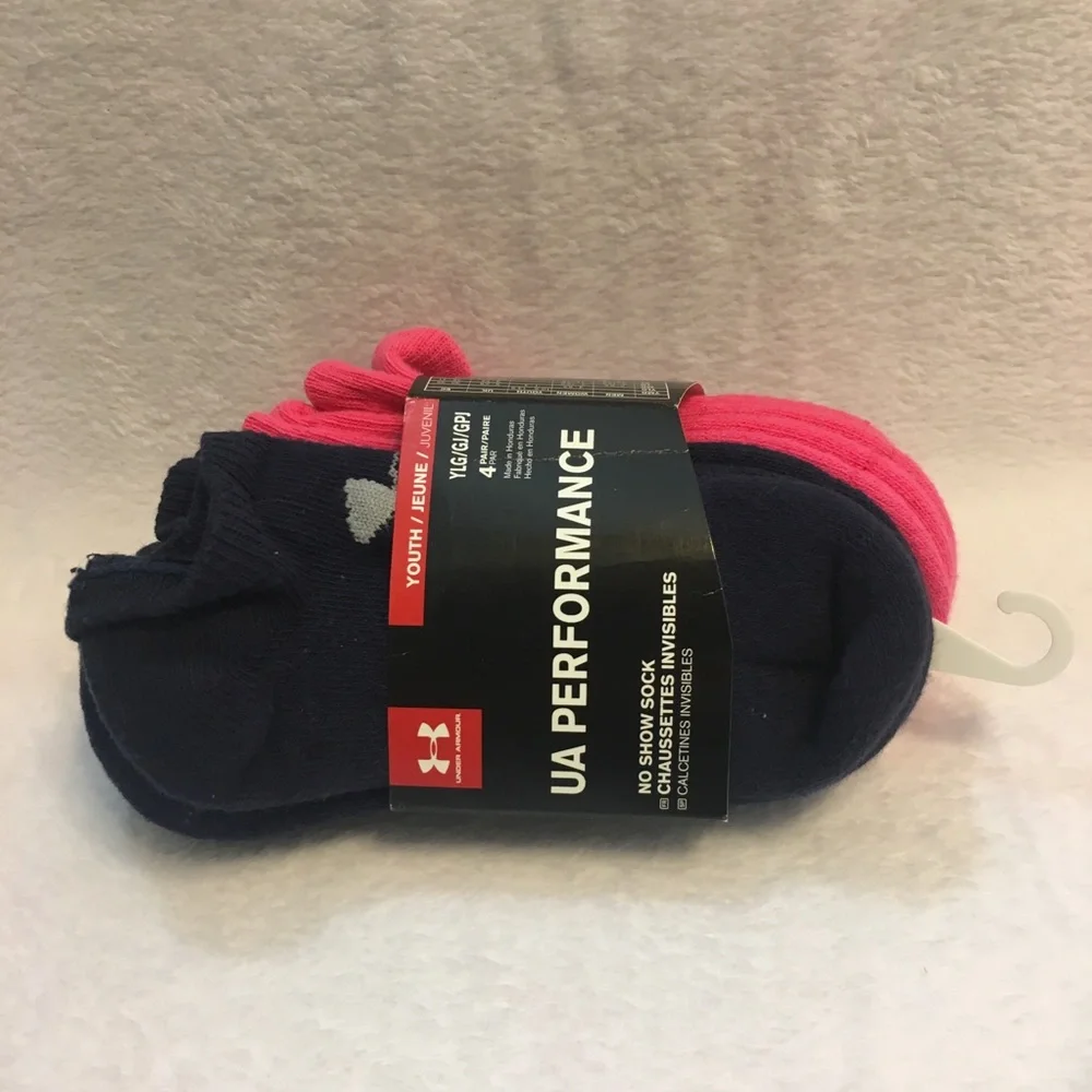 Under Armour No Show Socks Youth Large Pink Navy NEW 4 Pair Pack UA Performance‎